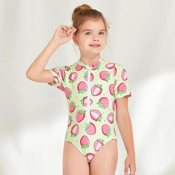 Strawberry Printed Girls Swimming Suits Cute Zipper Children'S One Piece