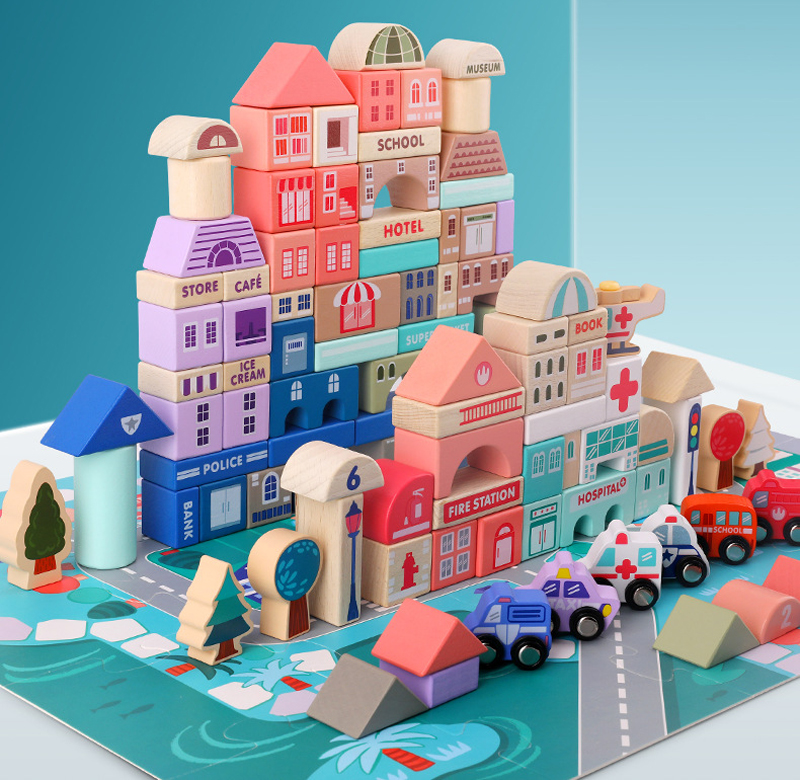 2700g Beech Wooden City Building Blocks 115pcs Wooden Bricks Toys