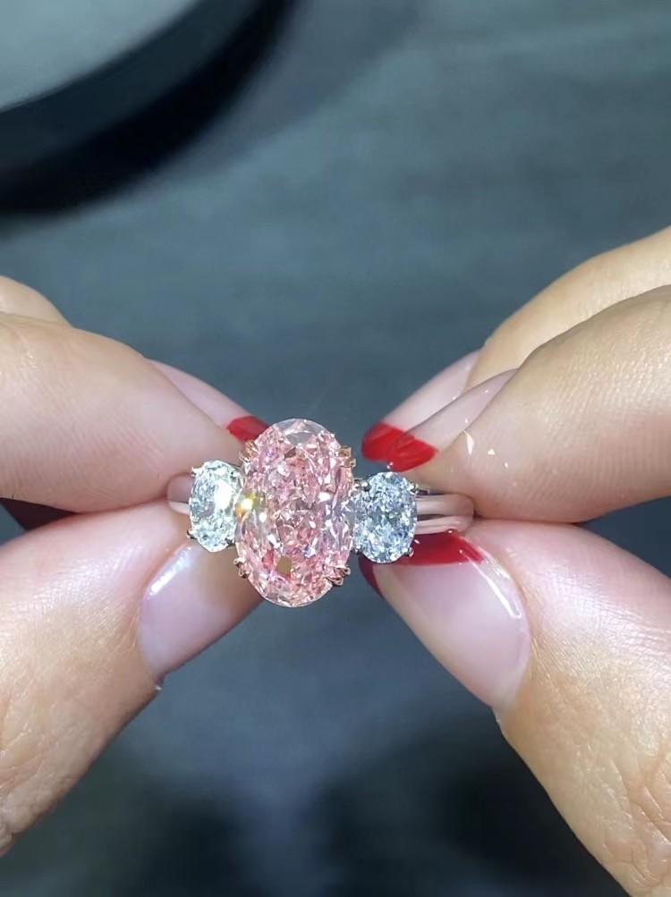 Lab Created Pink CVD Diamond Ring Three Stones Oval Shape 18k White Gold