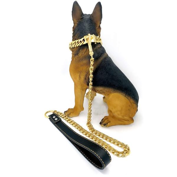 Buy cheap 15mm Gold Stainless Steel Heavy Duty Dog Chain Leads Walking Dog Training Traction Black Leather Handle from wholesalers