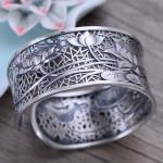 Vintage Handmade Engraved Designs Flower Sterling Silver Cuff Bracelet(058233)