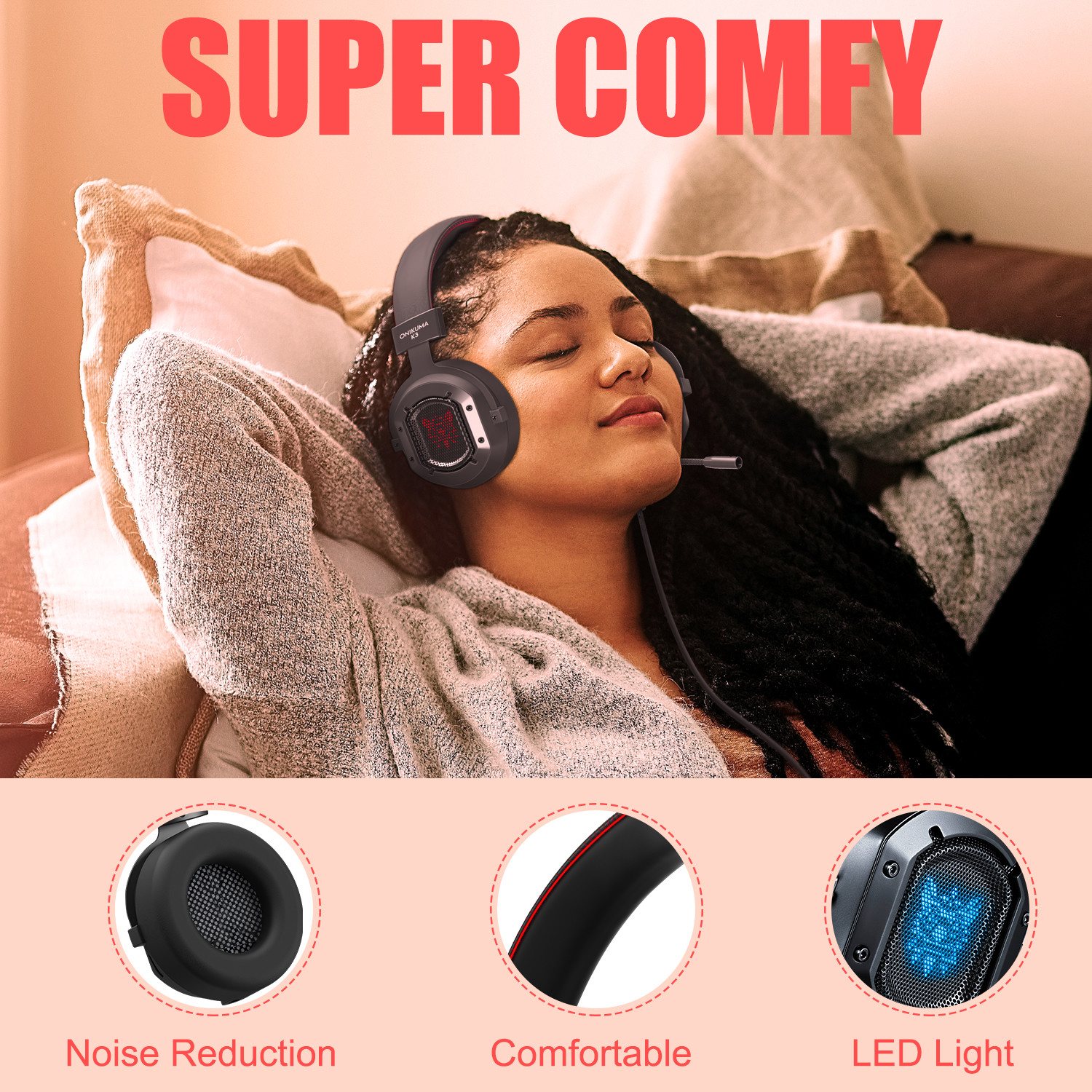 On Cord Control Onikuma K3 117dB 2.2m Wired Gaming Headset