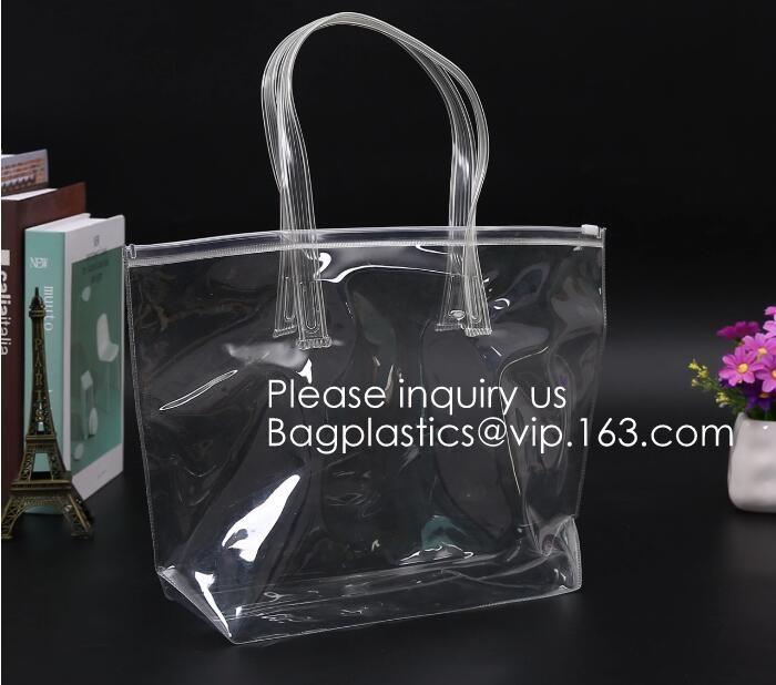 Reusable Custom Transparent PVC Shopping Bag Promotional Items Ladies Clear Plastic Beach Tote Bags Women, bagease, pack