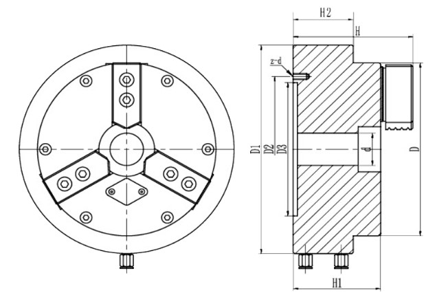 Front Mounted Pneumatic Power Chuck 3 Jaw Chuck For Pipe Thread Machine Tool