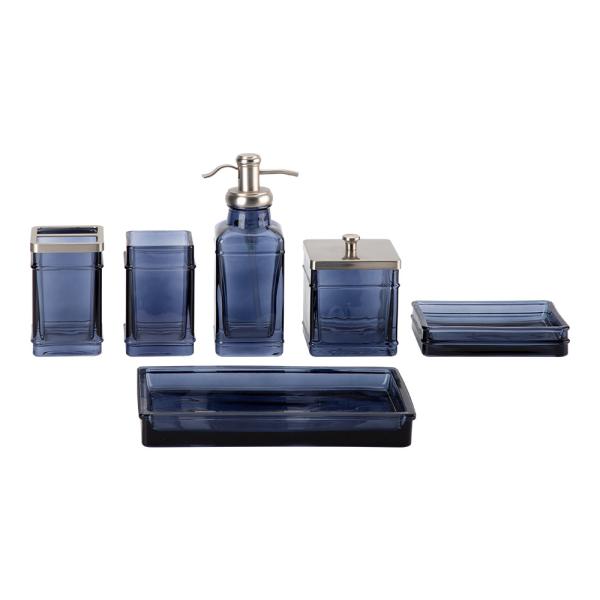 Glass Bathroom and Hotel Accessories Set in Pale Blue Square Shape with Nickel