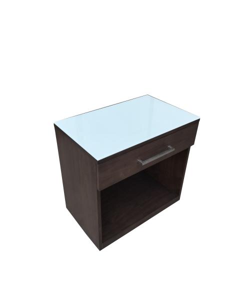 White back painted tempered glass top walnut wood veneer 1-drawer night stand