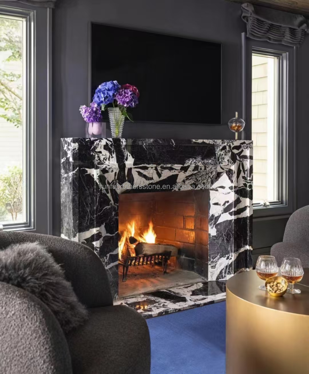 Modern Black Marble Fireplace for Villa Living Room Decoration in European Style