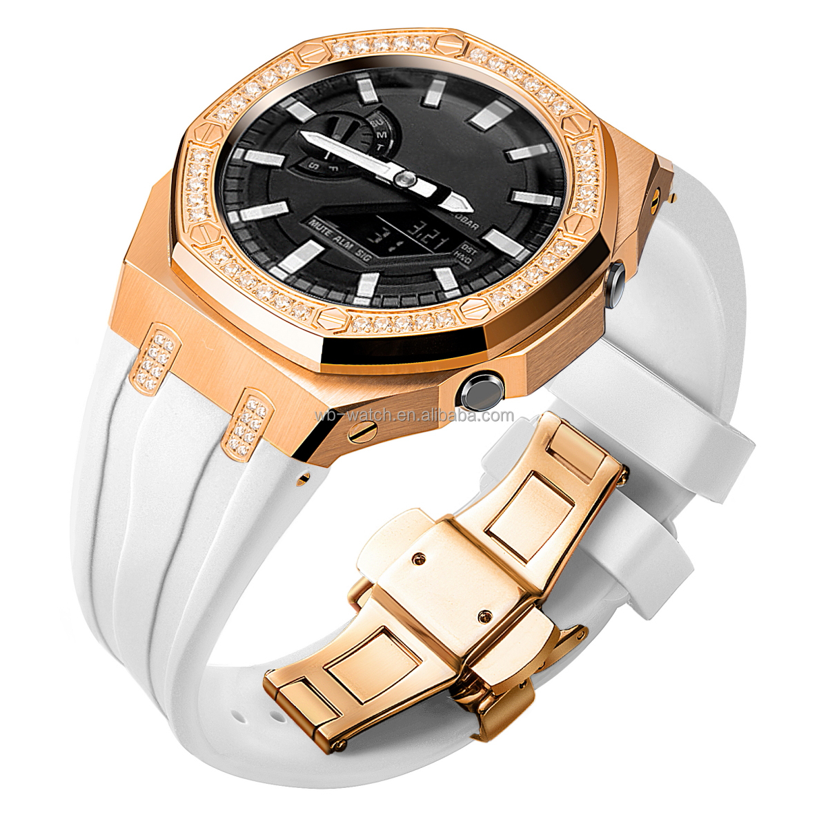 Casio Watch Modified Case Stainless Steel Diamond Watch Case And Silicone Strap Combo