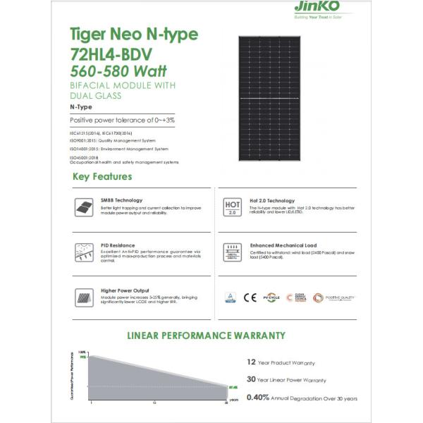 560W 580W JinKo PV Modules Bifacial Solar Modules For 550W Solar Panel