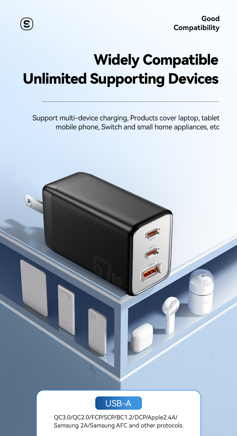 Cell Phone 3 Ports GaN Fast Charger USB C To USB C 67W ESSAGER G671A2CU1 Series