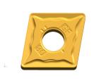 Double-sided chip breaker for plain steel and alloy steel finishing.