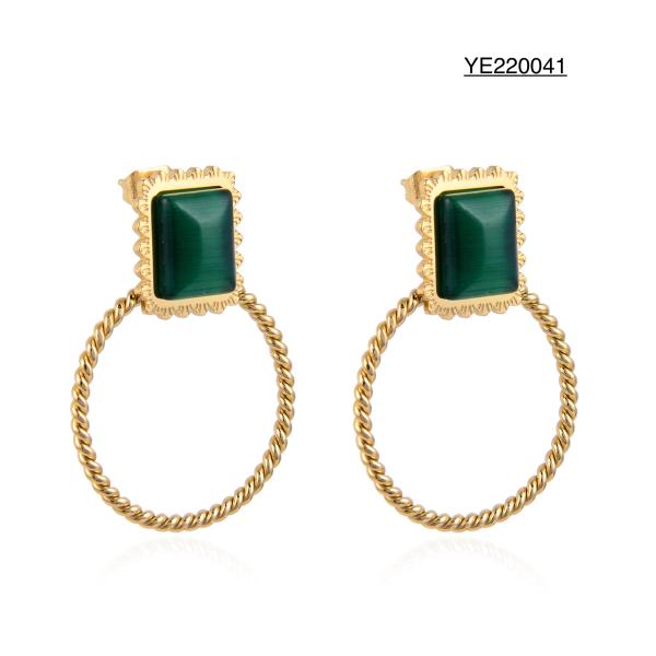Buy cheap Retro Round Green Gem Drop Earrings 18k Gold Plated Stainless Steel Earrings from wholesalers