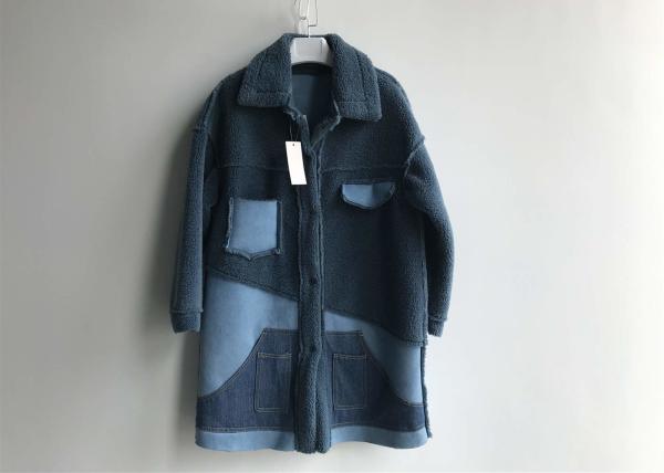 Buy cheap Denim Patch Pocket Sheep Faux Fur Jacket Blue Contrast Long Shearling Blocked Coats from wholesalers