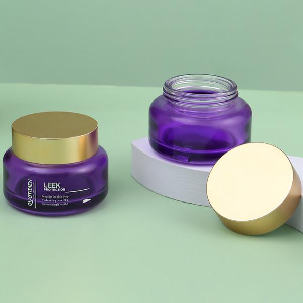 Buy cheap Luxury Empty Glass Face Cream Jar 30g Refillable Body Butter Jars 1oz Cosmetic Round Purple Glass Jars with Golden Matte Lids from wholesalers