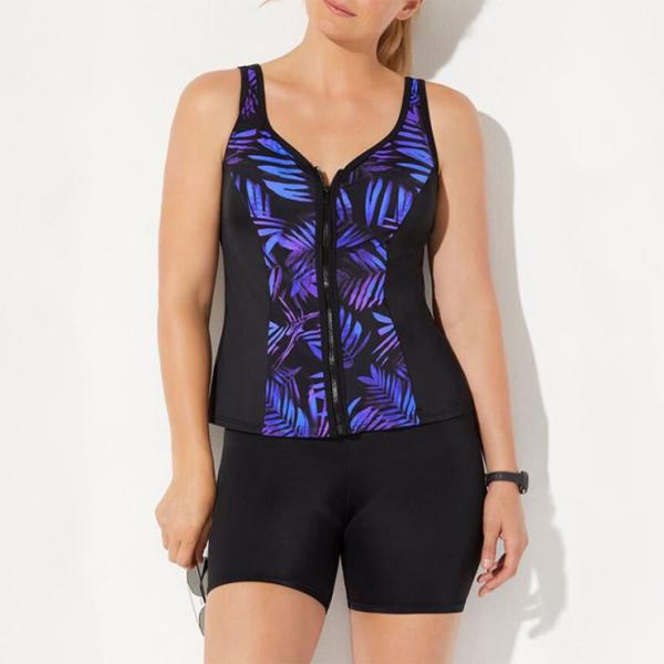 Buy cheap Zippered Vest And Shorts 2 Pieces Women Beachwear Printed Plus Size Swimwear from wholesalers