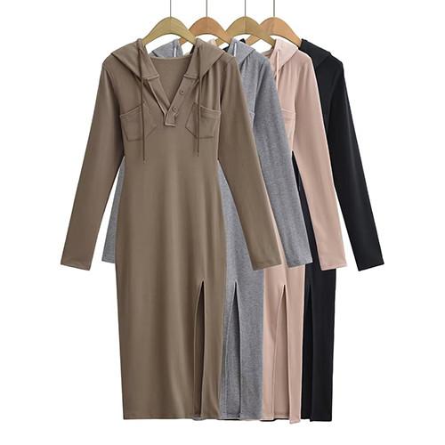 Buy cheap Summer V Neck Long Sleeved Slim Hooded Dress With Side Slit Buttock Skirt from wholesalers
