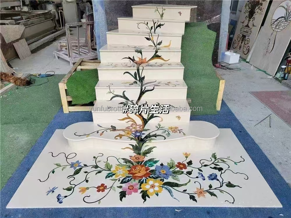 Natural Stone Staircase Essential Luxury Anti-Slip Marble Treads with Waterjet Design