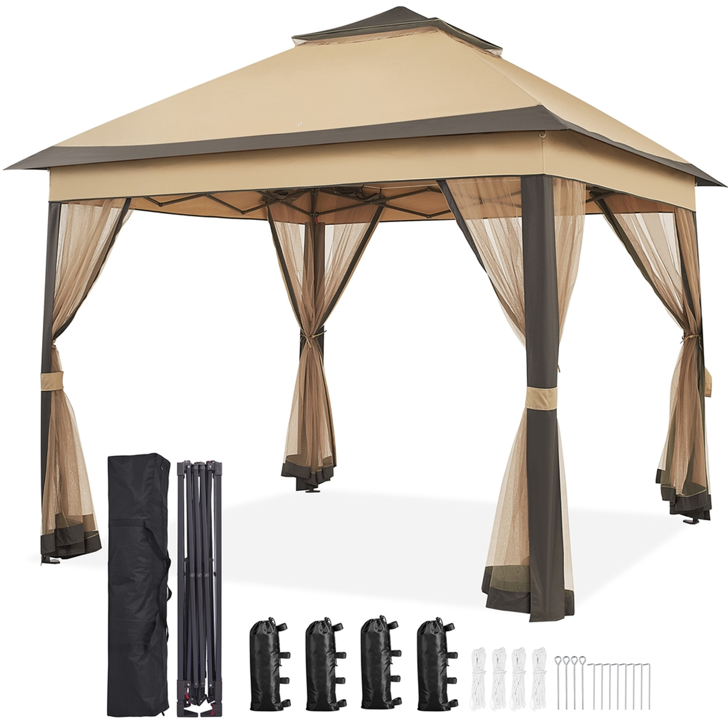 Powder Coated 3.3x3.3M Outdoor Gazebo Tent Pop Up with 4 Mesh Sidewalls Waterproof