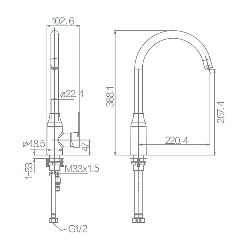 388mm 220.4mm Hot And Cold Water Kitchen Faucet Polished Finish
