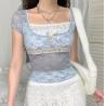 Buy cheap Small Quantity Clothing Manufacturer Women'S 95% Polyester 5% Spandex Short Sleeve Square Collar Lace Top from wholesalers