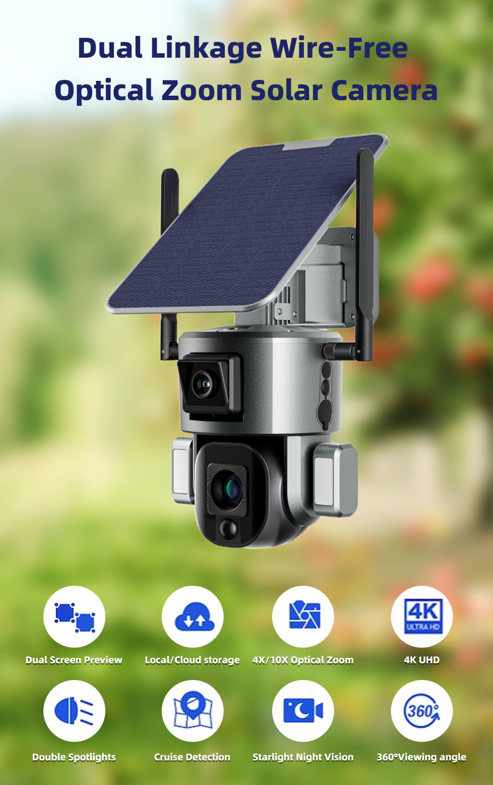 IP65 Wireless Solar Wifi Security Camera 10X Optical Zoom Human Tracking