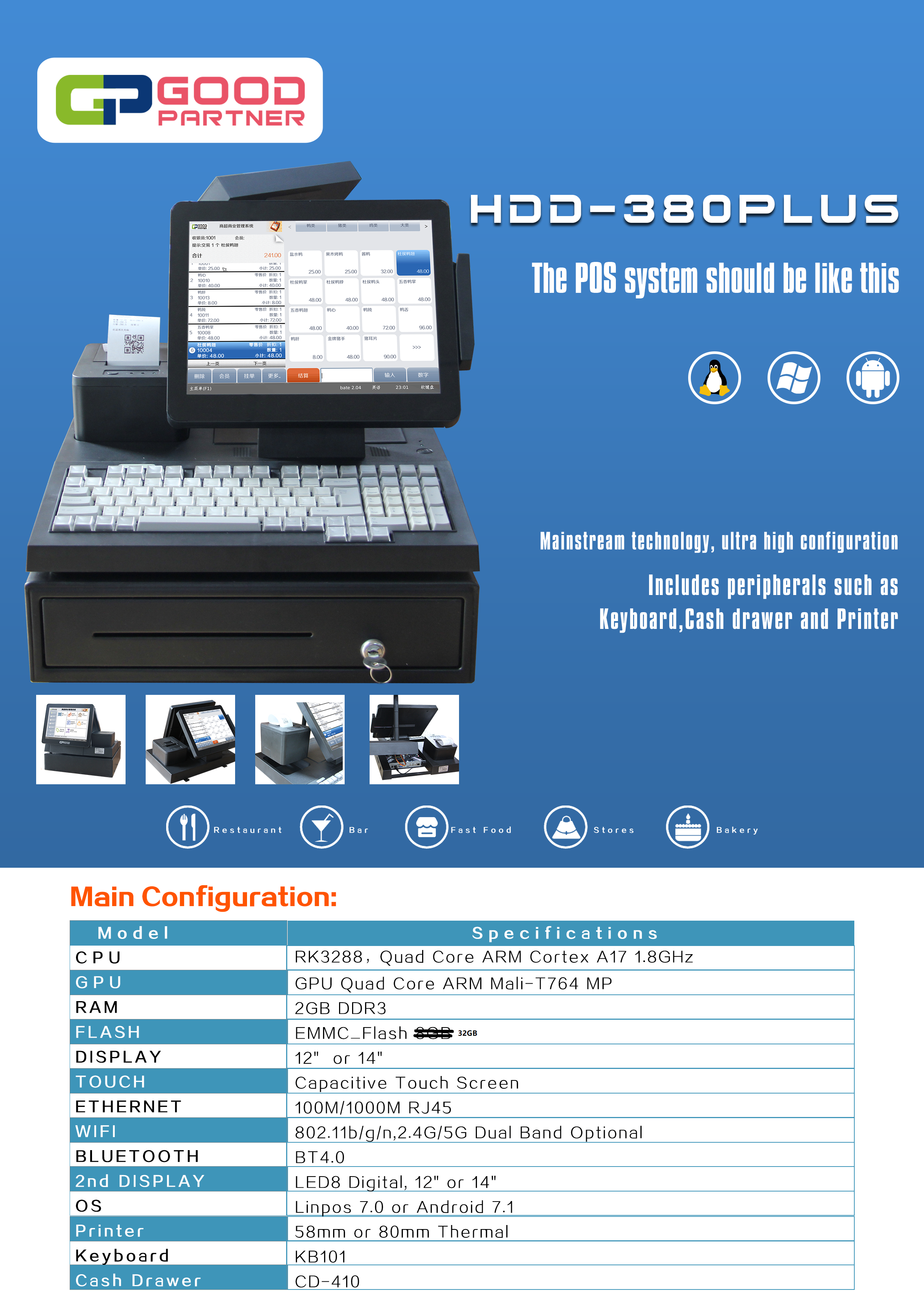 Intel Corei3/i5/J1900 CPU 4GB/8GB DDR3 RAM Touch Pos Machine for Restaurants and Retails