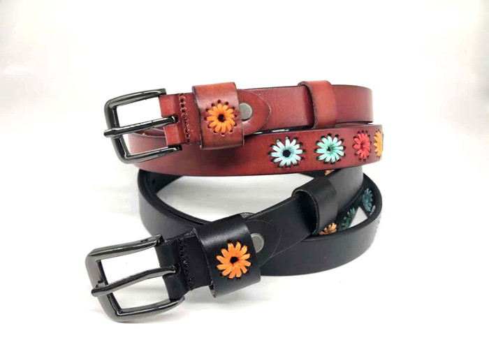 Womens Alloy Buckle Black Leather Embroidery Waist Belt