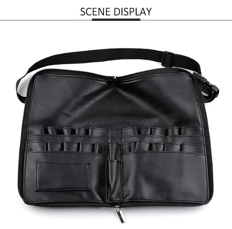 Zipper Closure PU Leather Makeup Brush Bag With Strap