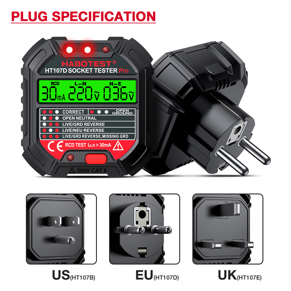 HT107 Socket Tester Pro Voltage Test RCD 5/30mA Socket Detector Ground Zero Line Plug Polarity Phase Check