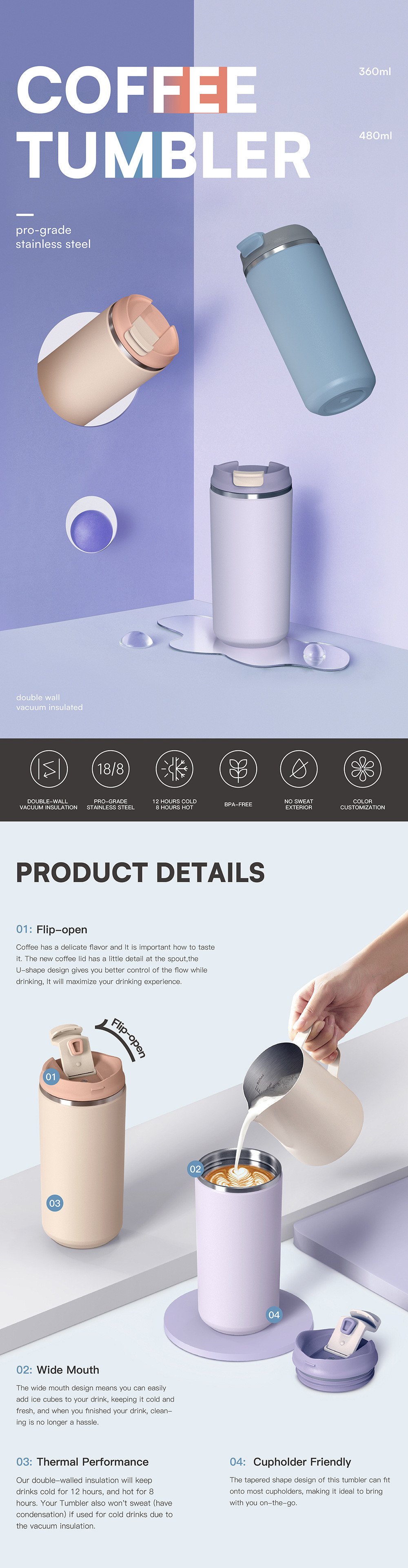 Keep Warm Portable Water Cup BPA Free Leak Proof Custom Isolierte Kaffeetasse Travel Thermal Edelstahl Vakuum Wieder Verwendbare Kaffeetasse