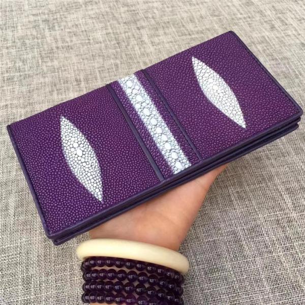 Buy cheap Unisex Style Authentic Real Stingray Skin Women Long Wallet Female Purple Thin Clutch Bag Genuine Leather Card Purse from wholesalers
