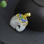 Gold Plated 925 Silver Enamel White Jade Elephant Pendant Necklace Silver Wheat