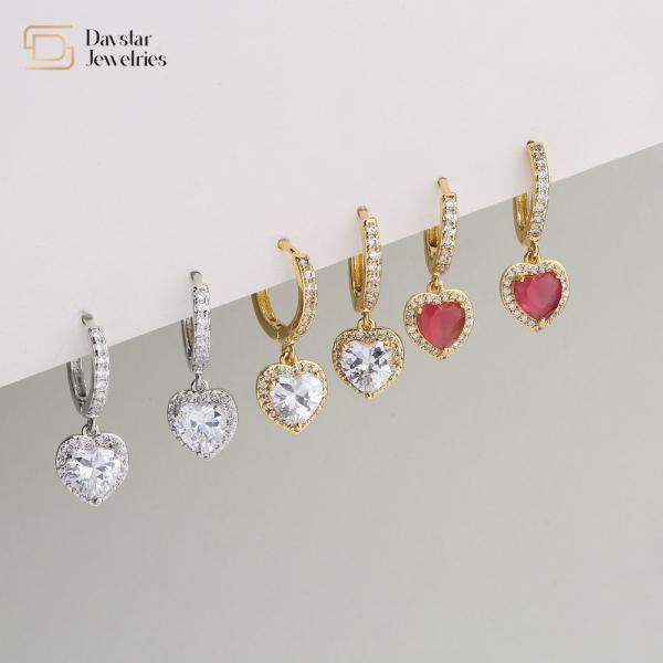 24k Gold Plated Diamond Brass Hoop Earrings , Zircon Crystal Heart Dangle Drop