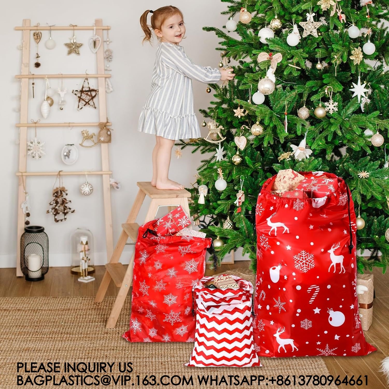 Drawstring Christmas Gift Bags Reusable Xmas Wrapping Bags Giant Christmas Sacks For Xmas Party Favors