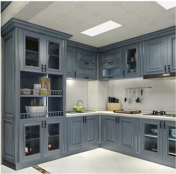 Buy cheap Modern Modular Kitchen Cabinets With Glass Door Upper Cabinet And Light Blue Color Finish from wholesalers