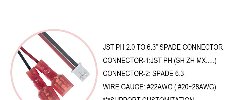 Custom JST PH SH ZH XH MX 2 3 4 5 6 7 8 Pin Connector to 6.3mm Spade Terminal Cable