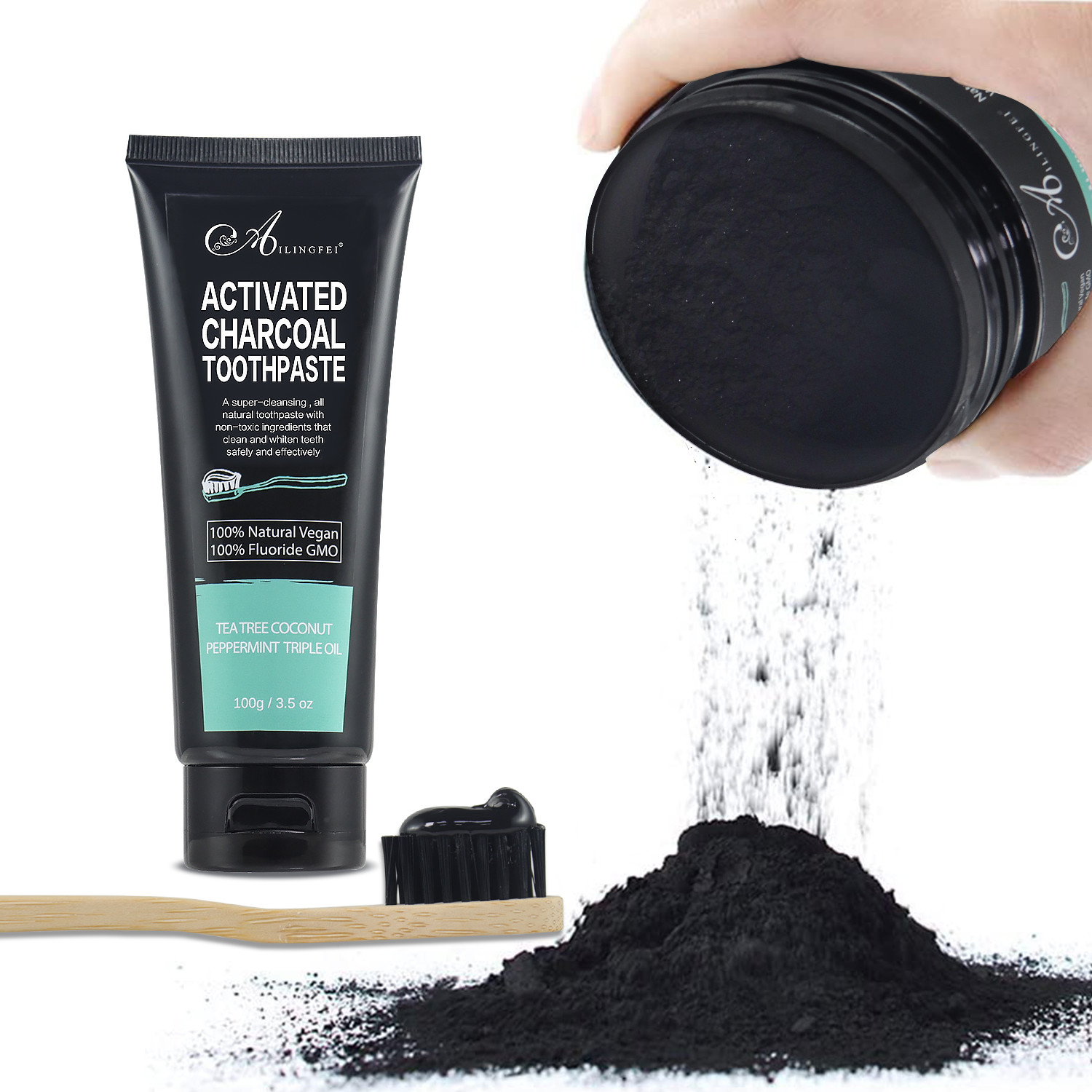 Activated Charcoal Teeth Whitening Bleaching Kit 100ml With Tooth Powder Toothpaste