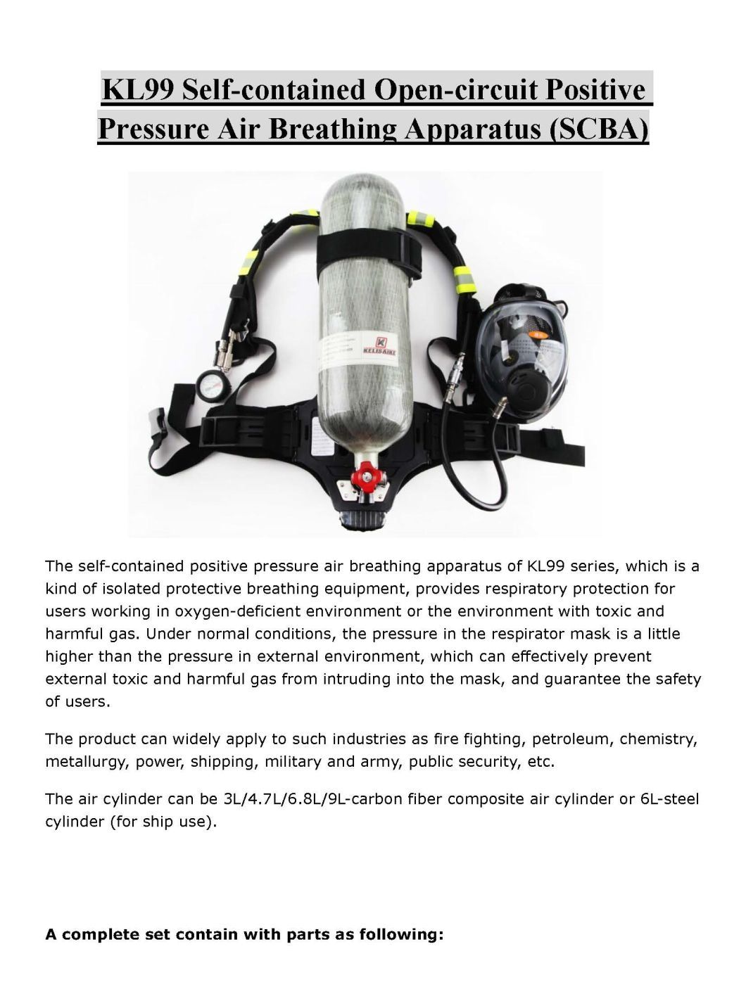 Factory Direct Sale 9L Scba Portable Breathing Apparatus for Rescue
