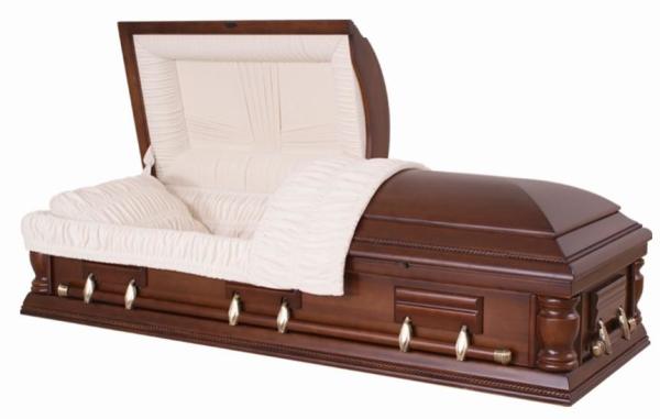 Buy cheap Semi Gloss Solid Wood Coffins , Mahogany Wooden Coffin With Almond Velvet Interior from wholesalers