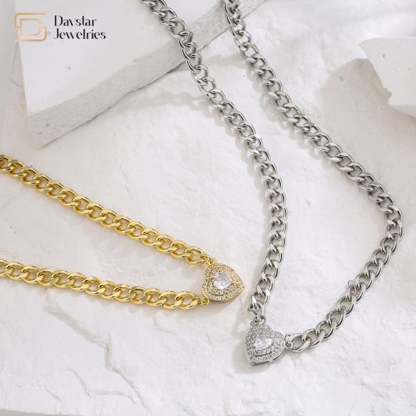 Buy cheap Love Diamond Zircon Charm Heart Pendant Necklace Stainless Steel Cuban Link Chain from wholesalers
