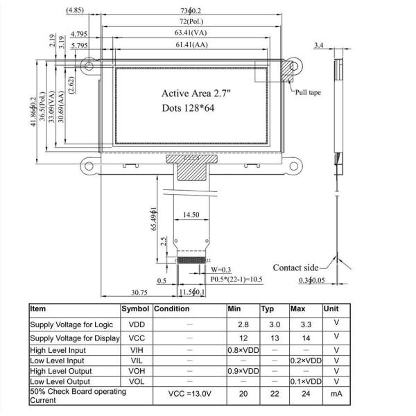 2.7 inch white/blue/yellow/green PMOLED display with PCBA 128*64 dots SPI interface driving IC SSD1309
