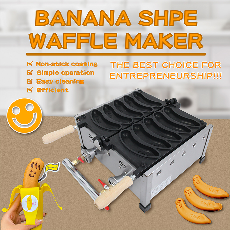AM-05R Nonstick Coating Banana Shape Waffle Makers for 5pcs Electric Long Waffles