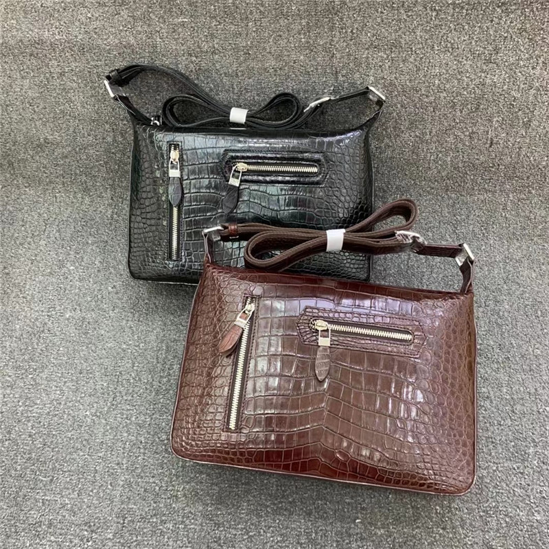 Exotic Alligator Skin Men's Soft Shoulder Bag Authentic Real Crocodile Leather ZIP Satchels Purse Male Crossbody Bag
