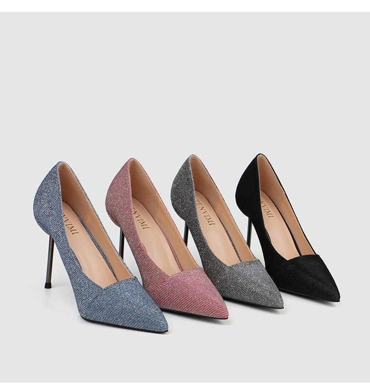 Glitter PU ODM Women Pointed Toe Pumps High Heels Rubber Bottom