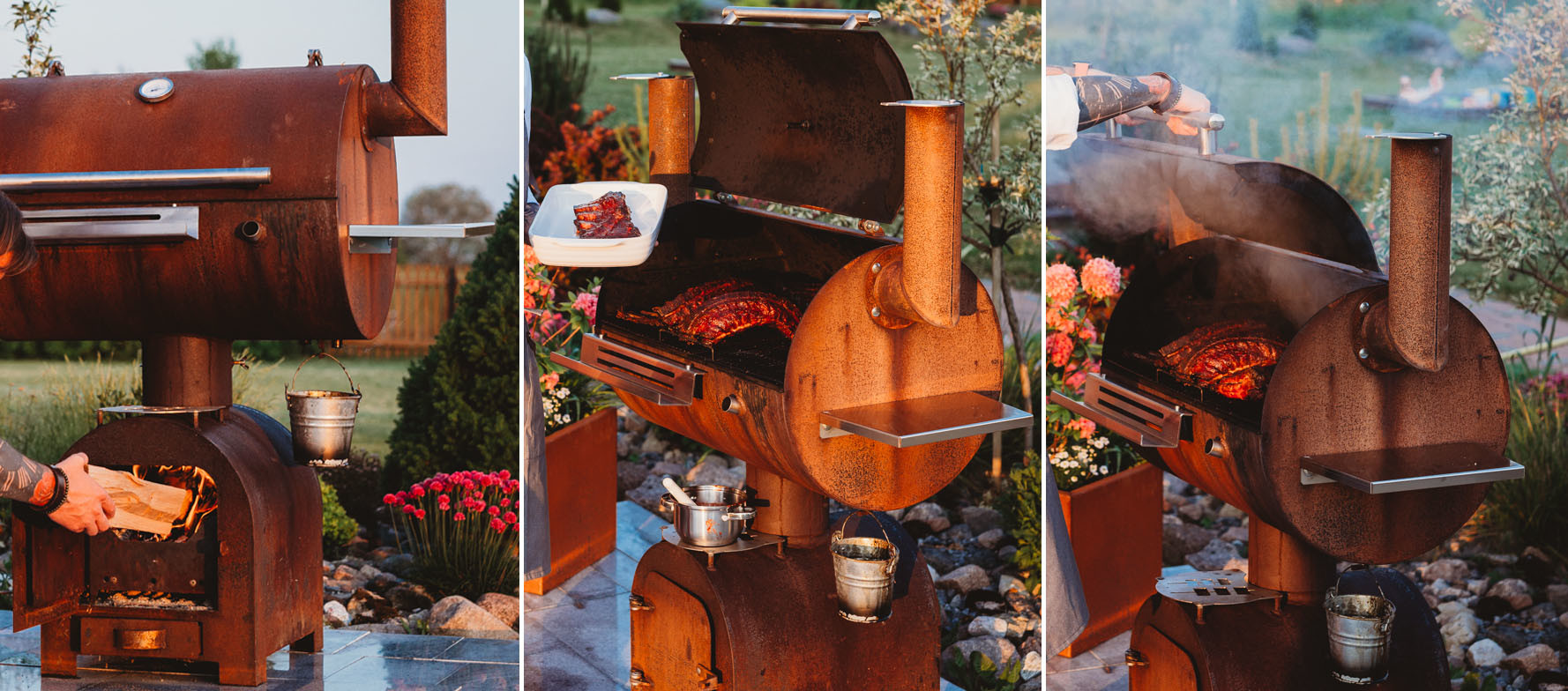 Amazing Outdoor BBQ Table Charcoal Smoker Barbeque Fire Grill Corten Steel BBQ Table with Circle Plancha Grill Plate