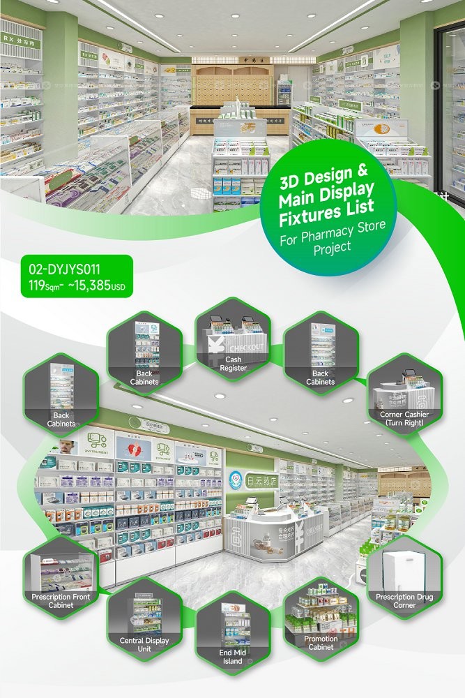 02-DYJYS011, Elegant and Simple Style Pharmacy Shop in Gansu featuring 62 Main Fixtures within 119 Sqm and Approx. $15,385 Budget