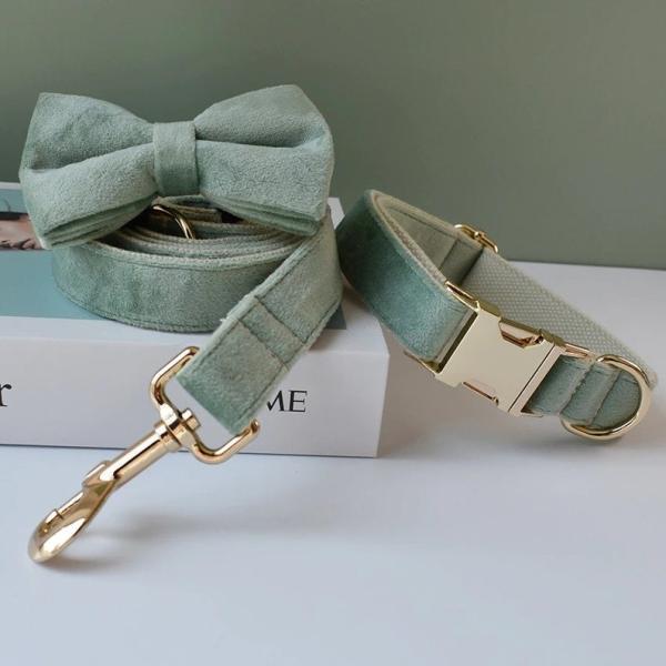 Luxury Nylon Dog Collar Leash With Bow Tie Gold Metal Bbuckles Adjustable Pet