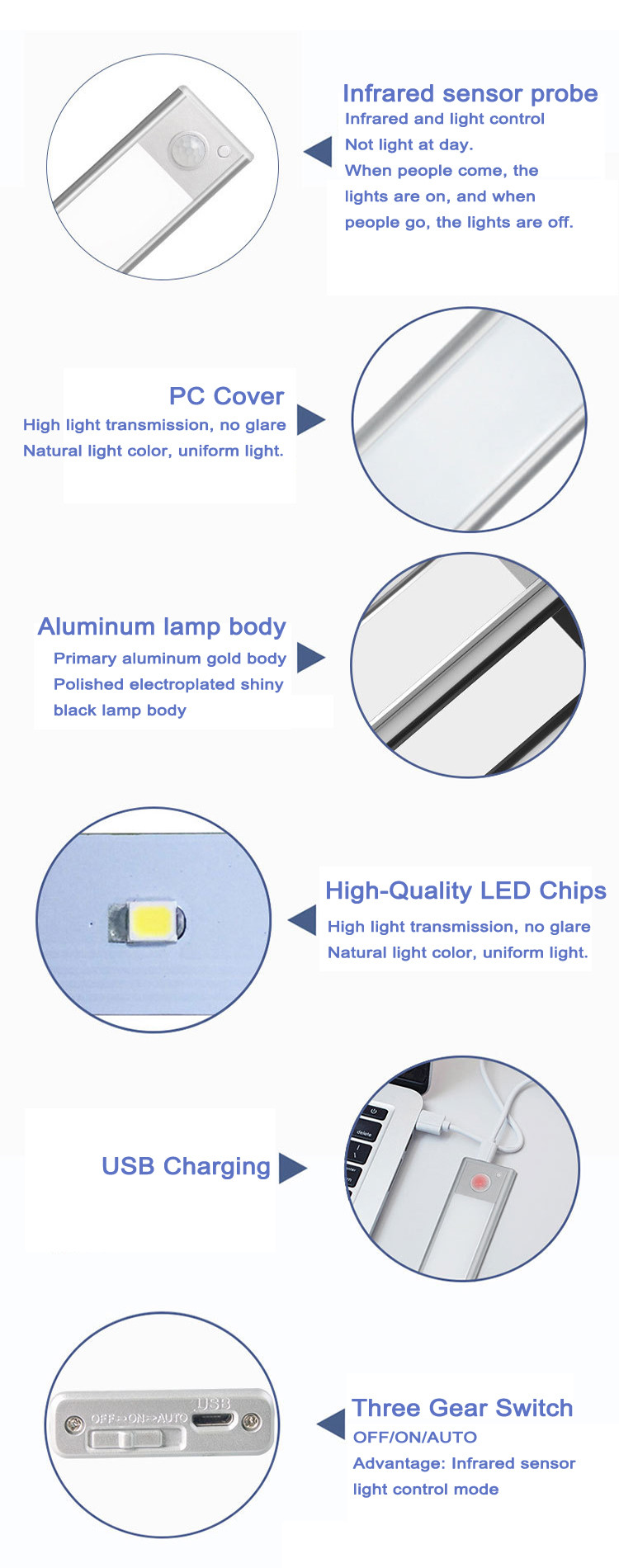 Warm White Dimmable Under Cabinet Led Strip Lighting 3 Color Temperature Slide Switch