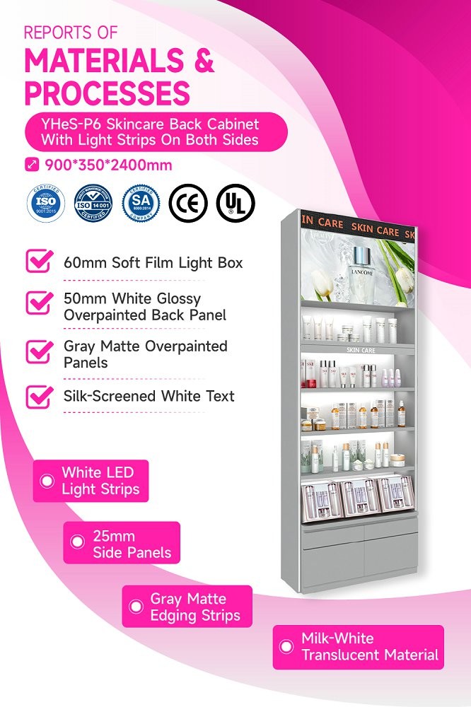 YHeS-P6 Adjustable Shelves Skincare Display Cabinet with 60mm Soft Film Light Box