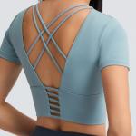 Women Lulu Cropped Yoga Padded T Shirt Breathable Cross Back Gym Energy Top
